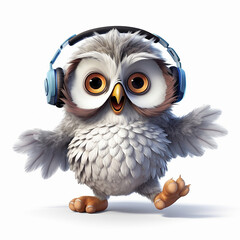 owl bird animal in headphone singing and hear music illustration with white background 