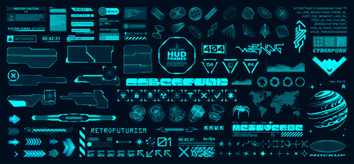 hi-tech elements and hud interface. cyberpunk and retrofuturistic graphic box. digital arts, typefac