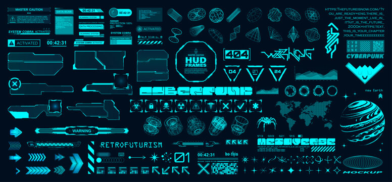 Wall Mural -  - Hi-tech elements and HUD interface. Cyberpunk and retrofuturistic graphic box. Digital arts, typeface, 3D geometric shapes, icons, wireframe x-ray, HUD, UI, UX frames. Vector futuristic graphic set