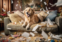 Dog Destroying Cushions On Sofa. Naughty Playful Dog After Biting A Pillow. Generative AI