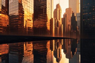 Metal and glass skyscrapers with reflection of sunrise. Urban jungle. Generative AI