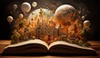 Fantasy world inside of the book. Concept of education imagination and creativity from reading books. 