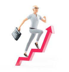 Wall Mural - 3d senior man with briefcase running on growing arrow