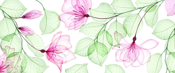 Floral art background with roses and leaves hand drawn in transparent style. Botanical vector banner for decoration design, print, textile, interior, poster, wallpaper