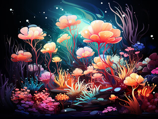 Wall Mural - Illustration of colorful corals with underwater life around them. The sunlight from above colors the coral well and creates shadows on the seabed.