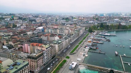 Wall Mural - Lake Geneva in Switzerland also called Lake Leman - aerial view by drone