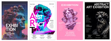Set Of 4 Abstract Art Poster For The Exhibition Of Classical And Contemporary Painting, Sculpture And Music. Bust, Statues 
