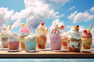 Canvas Print - A row of ice cream sundaes sitting on top of a wooden table. Generative AI.