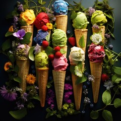 Poster - A bunch of ice cream cones with different flavors. Generative AI.