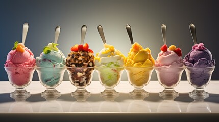 Canvas Print - A row of ice creams with spoons in them. Generative AI.