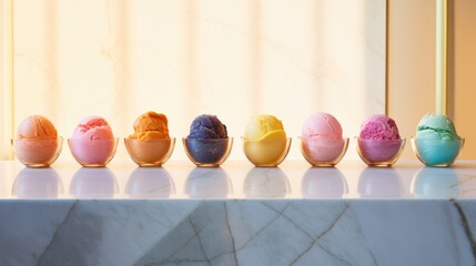 Canvas Print - A row of different colored ice creams on a table. Generative AI.