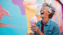 An older woman laughing while holding an ice cream cone. Generative AI.
