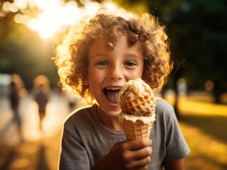 Poster - A young boy eating an ice cream cone. Generative AI.