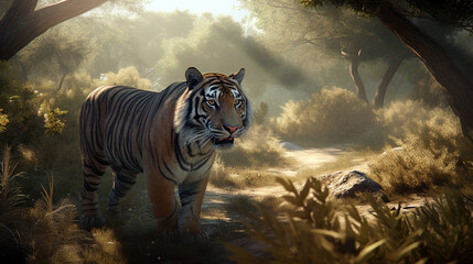 Wall Mural - Tiger in the middle of the forest. Generative AI