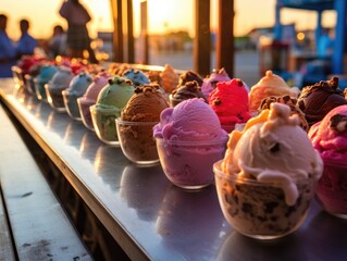 Poster - A row of ice creams sitting on top of a table. Generative AI.