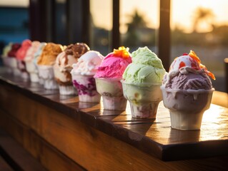 Canvas Print - A row of ice cream cones sitting on top of a counter. Generative AI.