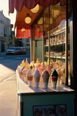 Poster - A row of ice cream cones sitting on top of a counter. Generative AI.