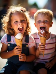 Wall Mural - Two little girls are eating ice cream cones. Generative AI.