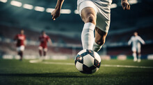 Soccer Player Ready To Shoot The Ball In Stadium. Ai Generative.