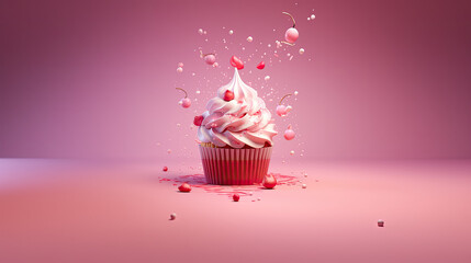 A 3d render of  a cherry cupcake on a pink background, generative AI