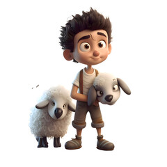 Wall Mural - 3D Render of a Little Boy with Sheep Isolated on White Background