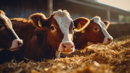 Close up of calves on an animal farm eating food—meat industry concept.