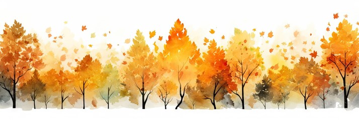 Wall Mural - Autumn trees and leaves watercolor on isolated white background. Generative AI
