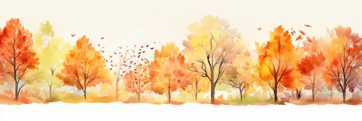 Wall Mural - Autumn trees and leaves watercolor on isolated white background. Generative AI