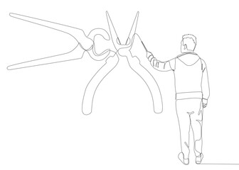 Poster - One continuous line of man drawing  Pliers, Tongs by with felt tip pen. A hand tool used to hold objects securely. Thin Line Illustration vector concept. Contour Drawing Creative ideas.