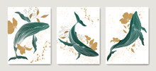 Art Background With Whales And Flowers Hand Drawn In Gold And Green Colors In Art Line Style. Animal Vector Set For Decor, Print, Textile, Interior Design, Poster, Print.