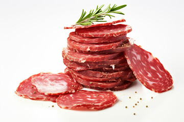 Wall Mural - Sliced Italian Genoa salami, a flavorful and savory cured meat delicacy enjoyed in various dishes, isolated on a white background
