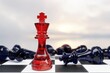 Leadership and growth concept, red pawn of chess, standing out from the crowd of black pawns, on black background with empty copy space on right side. 3D Rendering