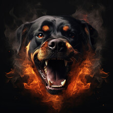 Image Of Angry Rottweiler Dog Face And Flames On Dark Background. Pet. Animals. Illustration, Generative AI.