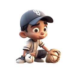 Wall Mural - 3D Render of a Little Boy Baseball Player with Baseball Hat and Bat