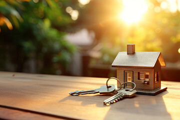 Keys on the table in new apartment against the background of sunset and large windows. Mortgage, investment, rent, real estate, property concept. Generative AI