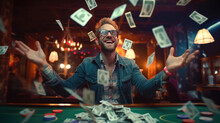 A Happy Man Winning Poker In Casino And Money Flying Around Him