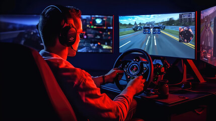 A gamer with a headset playing car racing with a steering wheel controller