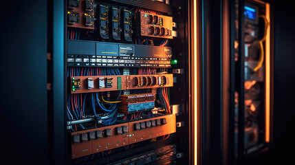 Electrical distribution cabinet. Panel with wires and switches at enterprise