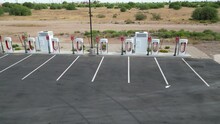 Eloy, Arizona, USA, December, 22, 2023, New Tesla charging stations in Eloy , Arizona are shown in an aerial view.