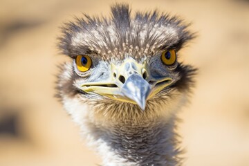 Poster - curious ostrich staring directly at the viewer. Generative AI