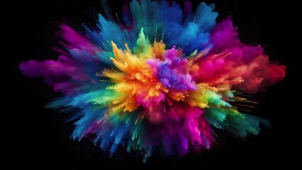 Wall Mural - Slow motion shot of color burst waves. Iridescent multicolor colorful pigment smoke, powder, fluid, ink particles. Explosion powder rainbow colors in the center on black background.