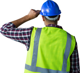 Poster - Digital png photo of caucasian male worker with helmet on transparent background