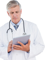 Poster - Digital png photo of caucasian doctor using tablet on transparent background