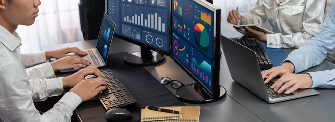 Poster - analyst working on data analysis or bi dashboard on computer monitor. business team analyzing financ