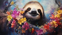 Sloth With Fairytale Fantasy In Fairy And Dreamy Forest Colorful Butterflies And Flowers Background. Generative AI