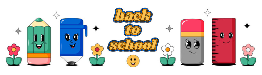 Back to school cartoon characters in retro groovy 70s style. Pencil, pen, eraser and ruler on white background. Psychedelic collection of hippie design elements.  Contemporary vector illustration..