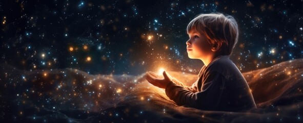 Illustragion of beautiful scenery showing the young boy girl among glowing planets and star in the night sky, dreaming or hope concept, Generative AI