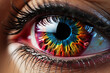 Tired female eye with beautiful rainbow pupil. Closeup of a girl with contact lens and unusual pupil with iris color. healthy vision or eyesight with optometry treatment concept. Generative AI