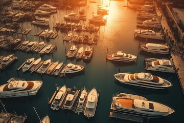 Wall Mural - Stunning beautiful close view on dock with sailing boats. Private motor yacht sailing at pure clear blue sea ocean waters, used for renting and having good adventure travels. Generative AI Technology