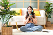 © freebird7977 - Young smiling woman happy watching movies and  chill relax in summer holiday. Lifestyle girl using laptop for entertainment in living room at home.  Lifestyle Concept
